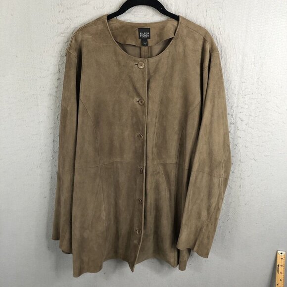 Eileen Fisher Jacket Womens 1X Plus Size Brown 100% Goat Leather Coat Suede